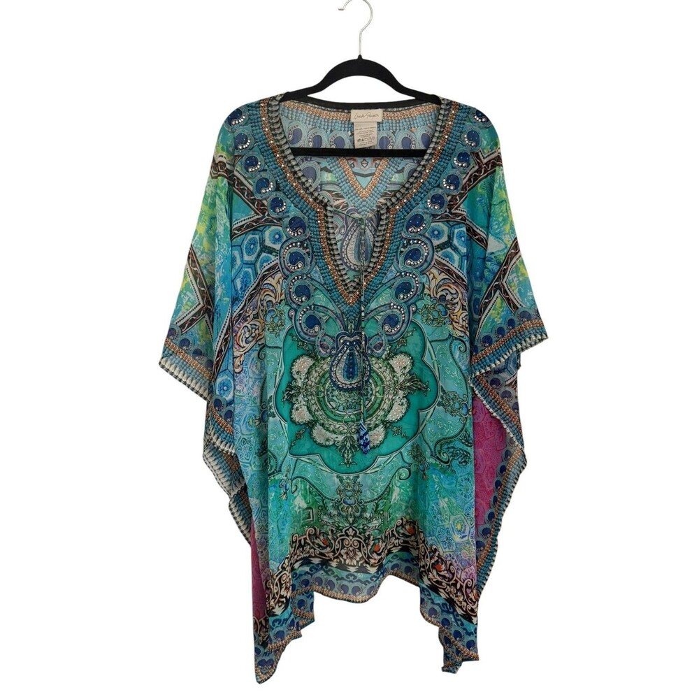 Charlie Paige Boho Kaftan Tunic Top One Size Beaded Paisley Batwing
